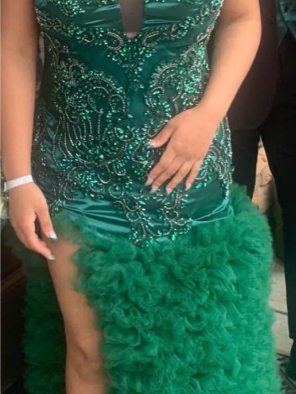 Green Beaded Tulle High-Low Prom Gown